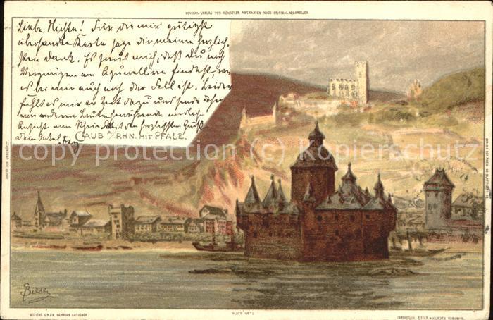 Kaub Rheinpanorama Die Pfalz Künstlerkarte