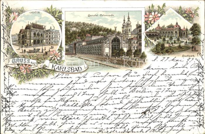 Karlsbad Eger Kuenstlerkarte Theater Sprudel-Colonnade Stadtpark