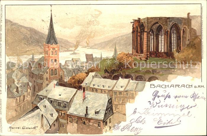 Bacharach Rhein Panorama mit Kirche Kuenstlerkarte