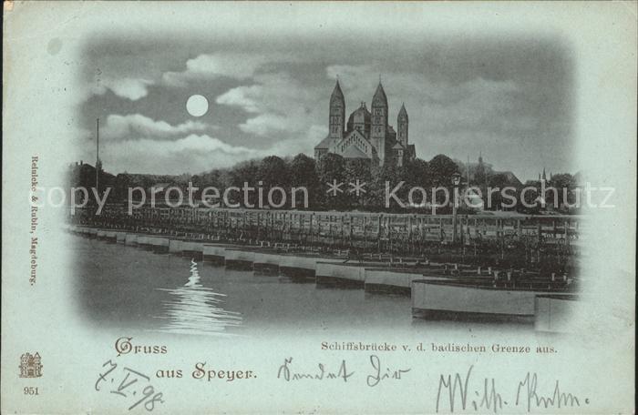Speyer Rhein Schiffsbruecke Dom im Mondschein von badischen Grenze aus