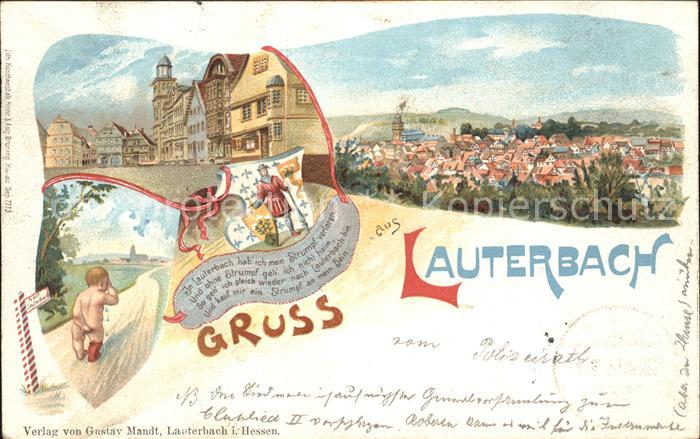 Lauterbach Hessen Marktplatz Kirche Strumpflied weinendes Kind Wappen