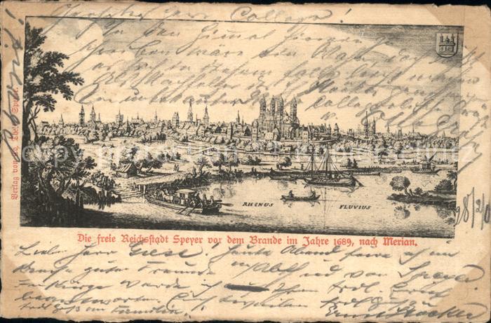 Speyer Rhein Freie Reichsstadt vor dem Brand im Jahre 1689 nach Merian