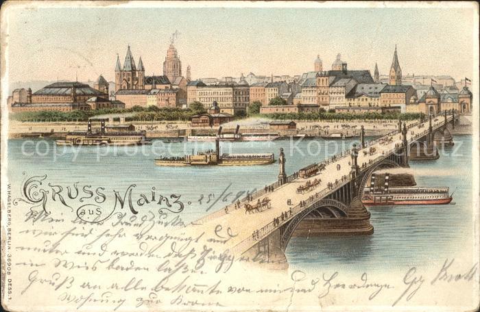Mainz Rhein Rheinbruecke Dampfer Dom Kirche Deutsche Reichspost