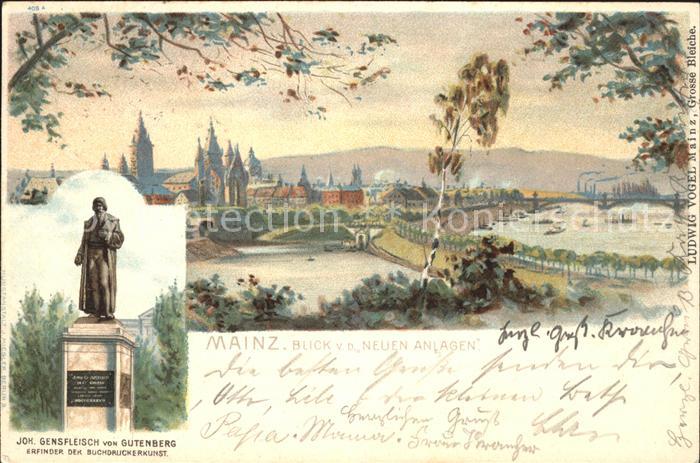 Mainz Rhein Panorama Blick von den Neuen Anlagen Gutenberg Denkmal