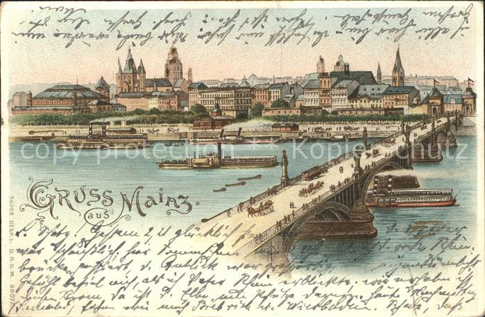 Mainz Rhein Rheinbruecke Dampfer Dom Praegedruck
