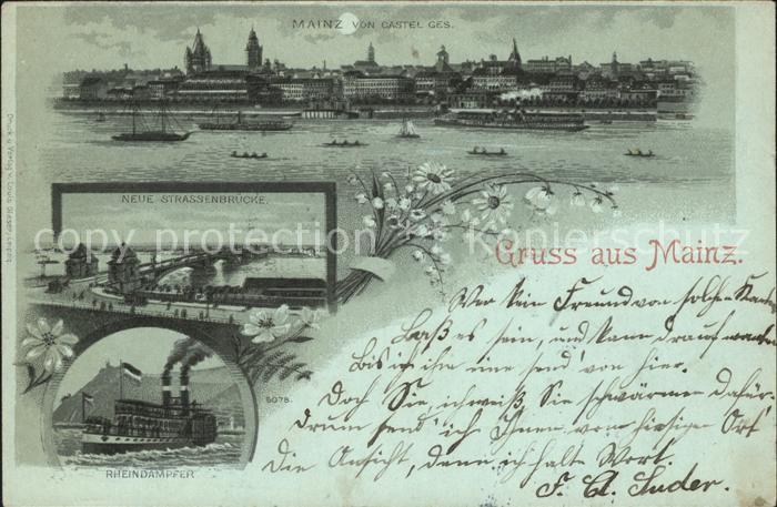 Mainz Rhein von Castel gesehen Dom im Mondschein Strassenbruecke Rheindampfer De