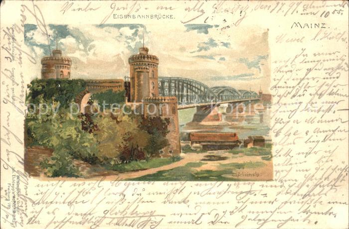 Mainz Rhein Eisenbahnbruecke Kuenstlerkarte