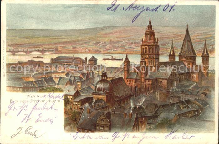Mainz Rhein Blick vom Stephansturm Dom Rheinbruecke Kuenstlerkarte