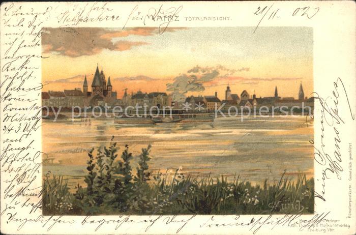 Mainz Rhein Totalansicht Rheinufer Kuenstlerkarte Muench