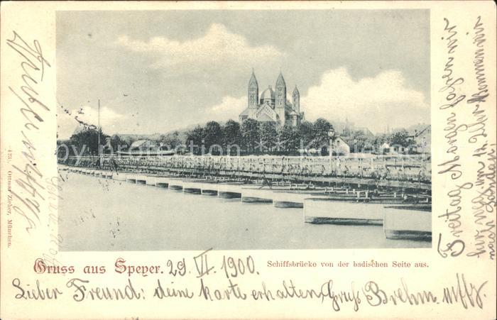 Speyer Rhein Schiffsbruecke von der badischen Seite aus Dom Soldatenkarte