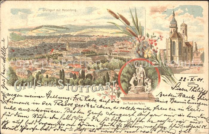 STUTTGART  CITY Gesamtansicht mit Hasenberg Stiftskirche Raub des Hylas Skulptur