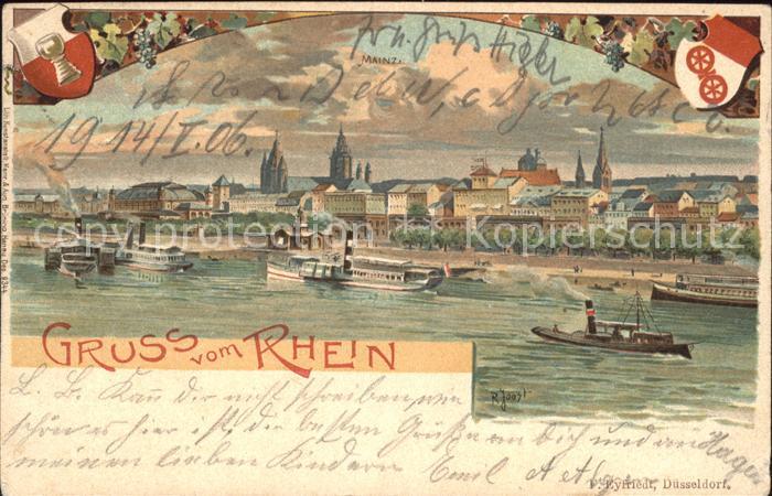 Mainz Rhein Ansicht vom Rhein aus Dampfer Wein Kuenstlerkarte