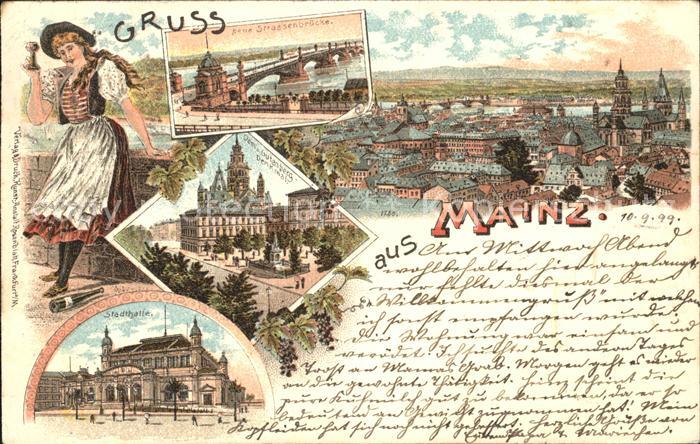 Mainz Rhein Stadtbild mit Dom Gutenberg Denkmal Strassenbruecke Trachten Stadtha