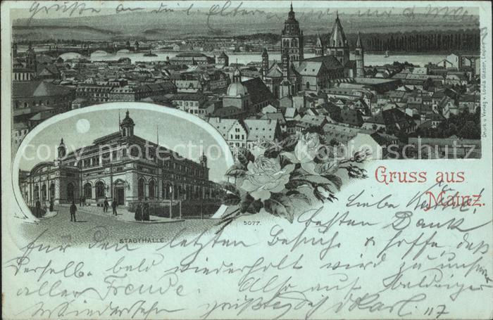 Mainz Rhein Stadtbild mit Dom Stadthalle im Mondschein Deutsche Reichspost