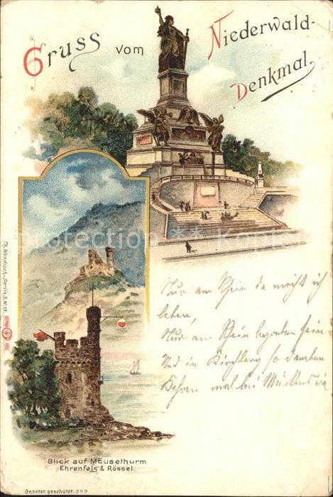 Bingen Rhein Nationaldenkmal Niederwald Maeuseturm Ruine Ehrenfels Bahnpost Deut