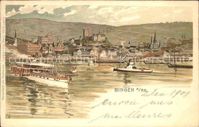 Bingen Rhein Ansicht vom Rhein aus Dampfer Kunstblatt Bahnpost