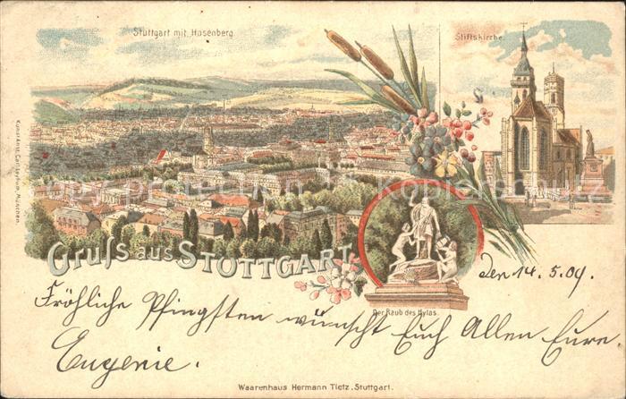 STUTTGART  CITY Gesamtansicht mit Hasenberg Stiftskirche Raub des Hylas Skulptur