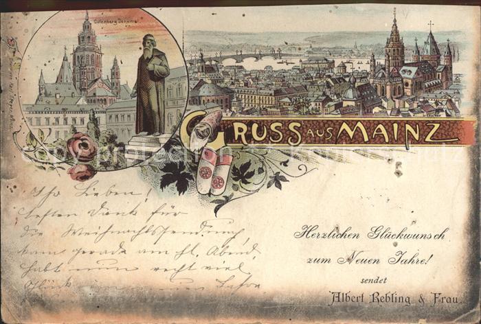 Mainz Rhein Stadtbild mit Dom Gutenberg Denkmal Neujahrskarte