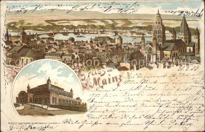Mainz Rhein Stadtbild mit Dom Rheinbruecke Stadthalle Deutsche Reichspost