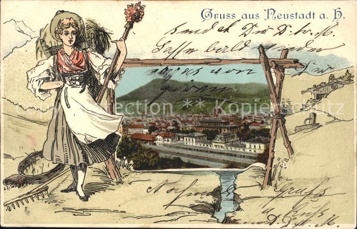 Neustadt Haardt Gesamtansicht Baeuerin Tracht Zeichnung