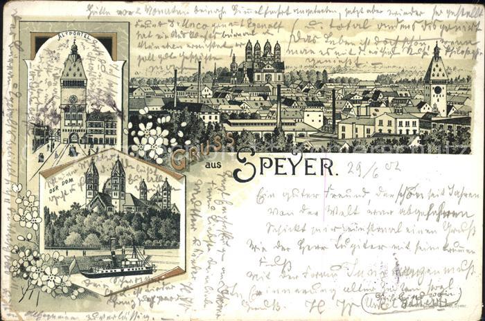 Speyer Rhein Stadtbild mit Dom Altpoertel Rheindampfer