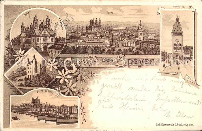 Speyer Rhein Stadtbild mit Dom Heidentuermchen Altpoertel Schiffsbruecke Koenigr