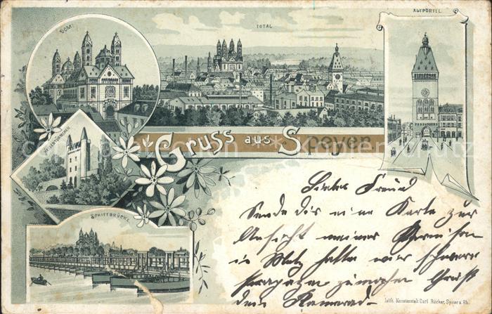 Speyer Rhein Stadtbild mit Dom Heidentuermchen Altpoertel Schiffsbruecke