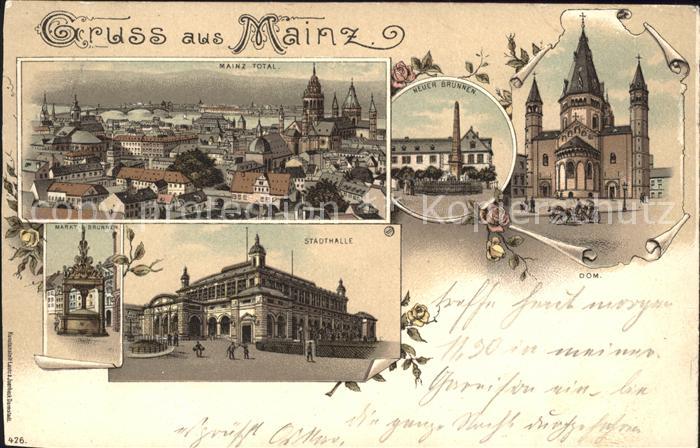 Mainz Rhein Totalansicht mit Dom Neuer Brunnen Stadthalle Marktbrunnen