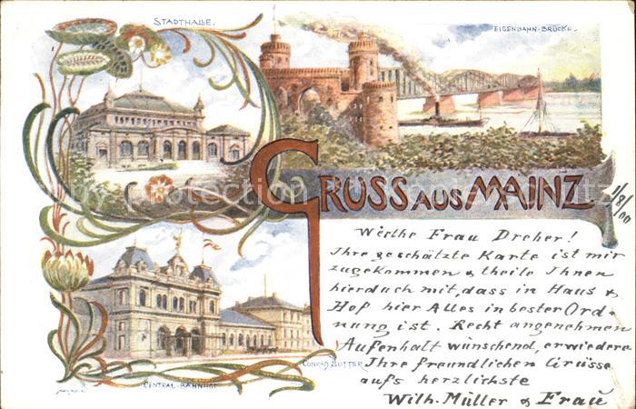 Mainz Rhein Eisenbahnbruecke Dampfer Stadthalle Bahnhof Deutsche Reichspost