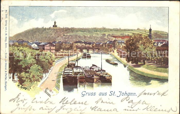 St Johann Saarbruecken Partie an der Saar Frachtkahn Kuenstlerkarte