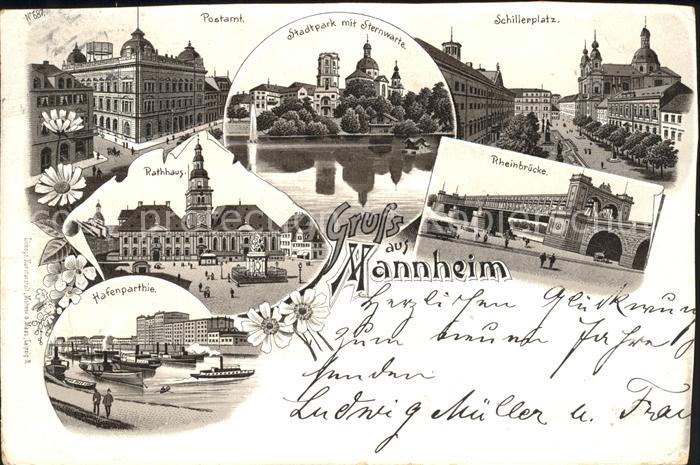 MANNHEIM BW Postamt Stadtpark Sternwarte Schillerplatz Rheinbruecke Rathaus Hafe