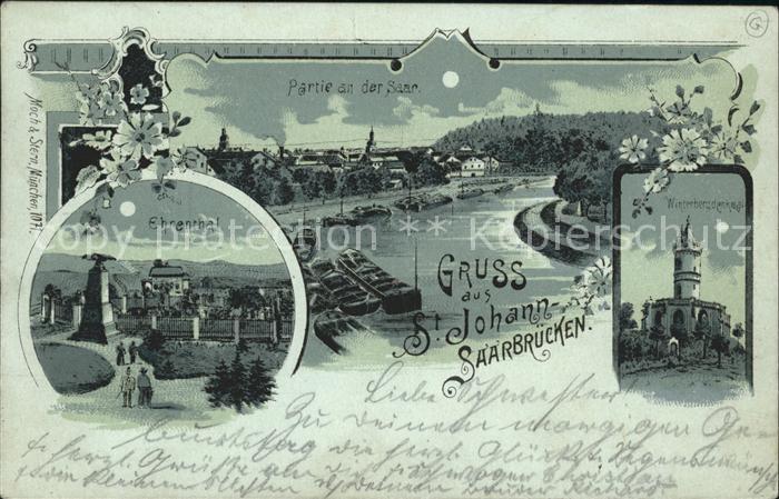 St Johann Saarbruecken Partie an der Saar im Mondschein Winterberg Denkmal Ehren