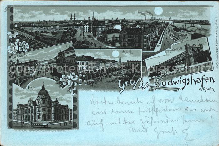 Ludwigshafen Rhein Totalansicht im Mondschein Bahnhof Markt Rheinbruecke Post