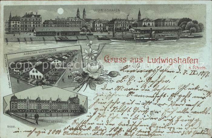 Ludwigshafen Rhein Rheinpartie im Mondschein Dampfer Arbeiter Wohnungen Lagerhau