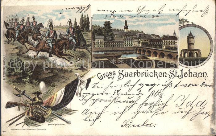 St Johann Saarbruecken Soldaten zu Pferd Schlacht Waffen Fahne Alte Bruecke Wint
