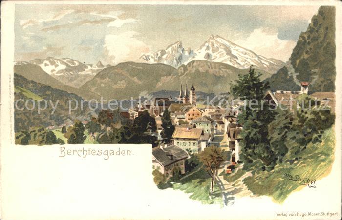 BERCHTESGADEN Bayern mit Alpenpanorama Kuenstlerkarte Otto Stritzel