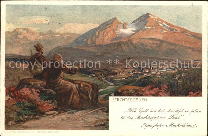 BERCHTESGADEN Bayern Gesamtansicht mit Alpenpanorama Kuenstlerkarte