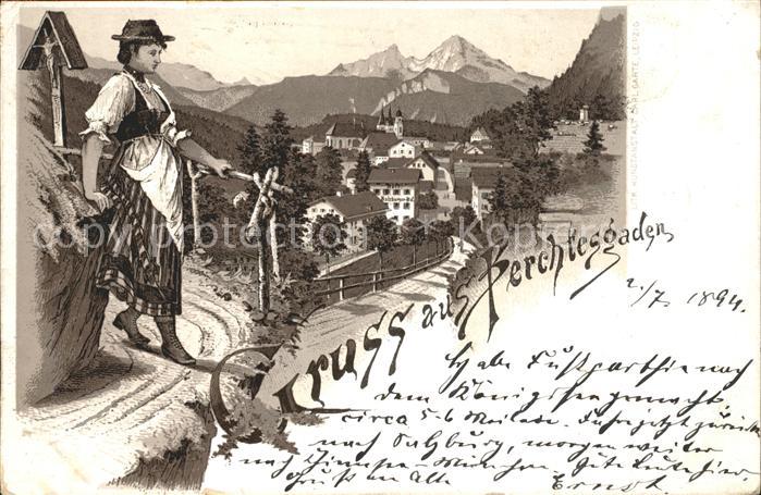 BERCHTESGADEN Bayern Gesamtansicht mit Alpenpanorama Trachten Bahnpost