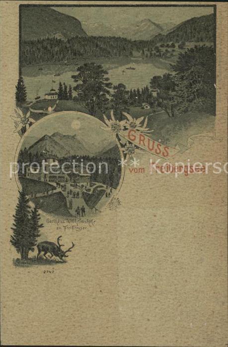 Freibergsee Panorama mit Allgaeuer Alpen Gasthaus Wilhelmshoehe Edelweiss Hirsch
