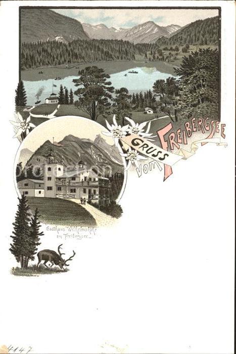 Freibergsee Panorama mit Allgaeuer Alpen Gasthaus Wilhelmshoehe Edelweiss Hirsch