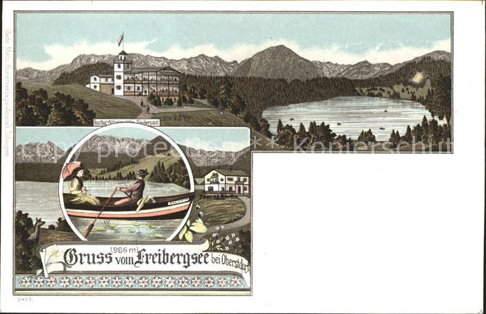 Freibergsee Panorama mit Allgaeuer Alpen Gasthaus Wilhelmshoehe Bootsfahrt