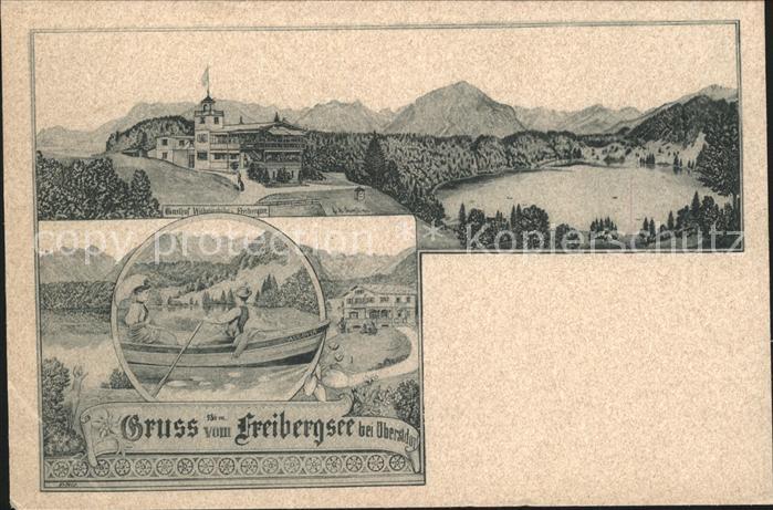 Freibergsee Panorama mit Allgaeuer Alpen Gasthaus Wilhelmshoehe Bootsfahrt