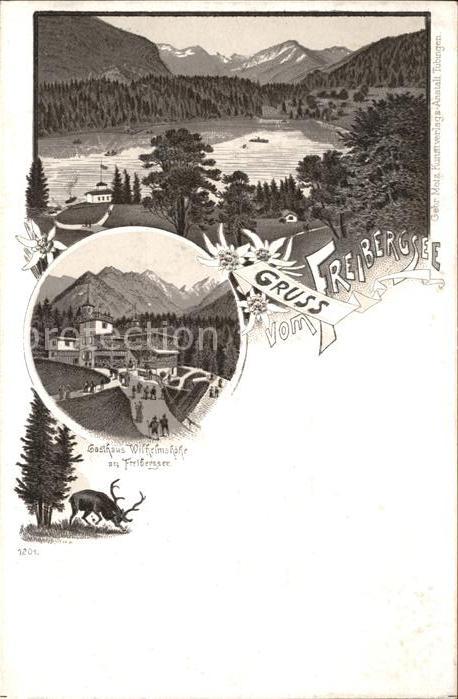 Freibergsee Panorama mit Allgaeuer Alpen Gasthaus Wilhelmshoehe Edelweiss Hirsch