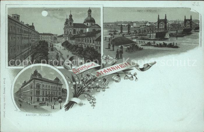 MANNHEIM BW Schillerplatz im Mondschein Neckarbruecke Kaiserliches Postamt Reich