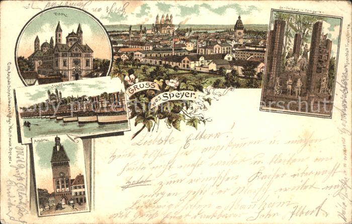 Speyer Rhein Stadtbild mit Dom Altpoertel Schiffsbruecke oelberg im Domgarten