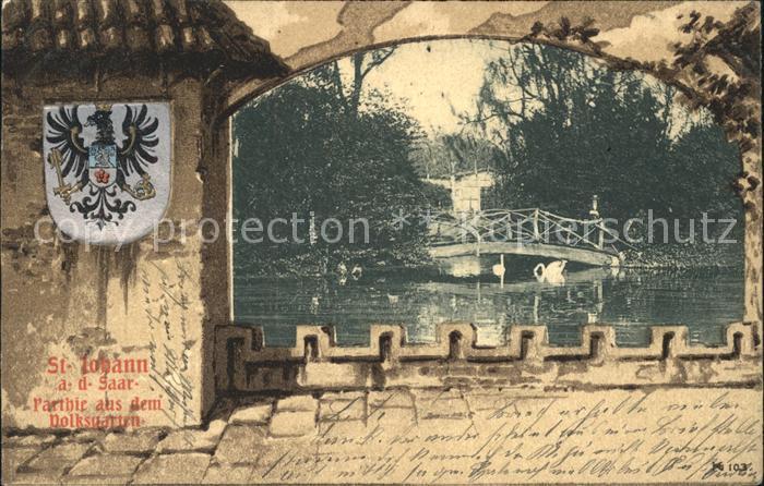 St Johann Saarbruecken Partie aus dem Volksgarten Holzbruecke Schwan Wappen