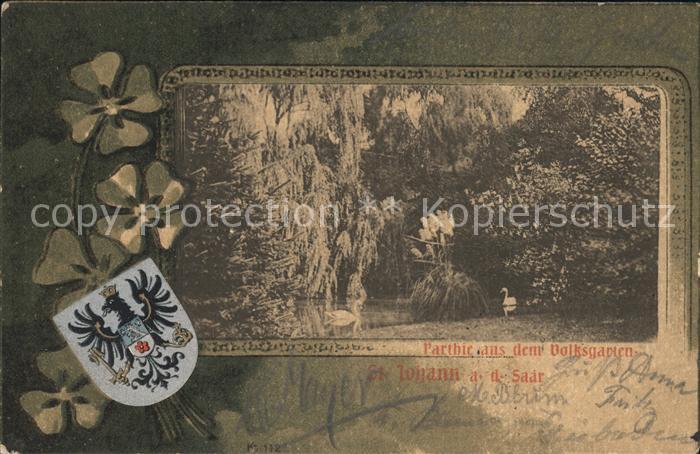 St Johann Saarbruecken Partie aus dem Volksgarten Schwan Wappen Kleeblatt