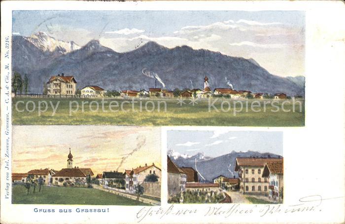 Grassau Chiemgau Gesamtansicht mit Alpenpanorama Strassenpartie