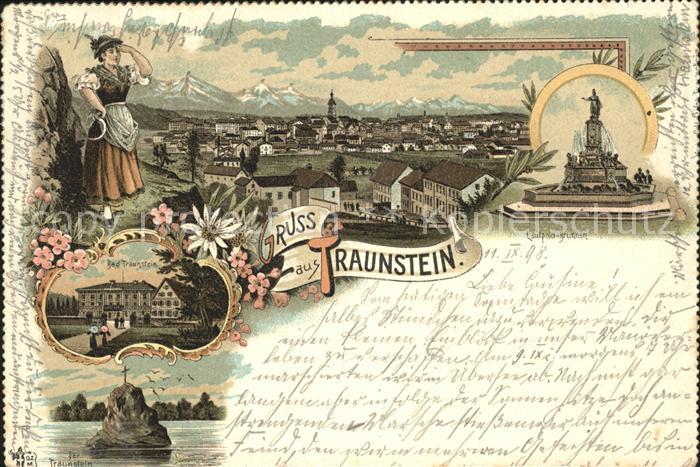 Traunstein Oberbayern Gesamtansicht mit Alpenpanorama Luitpold Brunnen Trachten
