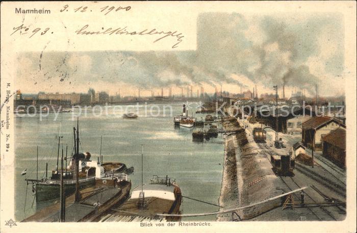 MANNHEIM BW Blick von der Rheinbruecke Dampfer Eisenbahn Industrie